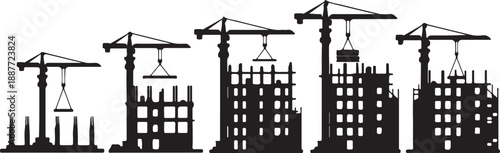 Five images of a construction site with a crane, showing the building process and development.