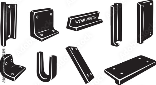 Various metal bracket and notch hardware components illustration set