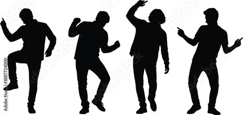 Silhouettes of four people in dancing and expressive poses, celebration and movement theme illustration, transparent background graphic