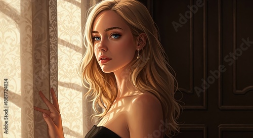 Elegant Gaze by the Window: A captivating portrait of a fair-haired person gazing thoughtfully, capturing her delicate features in soft, natural light.