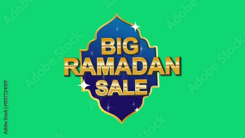 Ramadan Big Discount Animated Banner with Gold Mosque Dome Sign and Blue Lantern Lamp and Typography on Green Screen Background