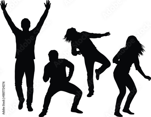 Silhouettes of four people in dynamic dance and expressive movement poses, artistic motion theme illustration, transparent background graphic