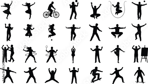 Active people silhouettes collection showing jumping, dancing, cycling, sports and fitness activities, isolated on white background, healthy lifestyle, motion, energy and recreation concept