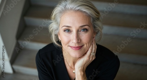 Portrait of Elegant Woman: This captivating close-up portrait of a woman of experience exudes both confidence and grace, with a touch of serenity. She gazes directly at the viewer.