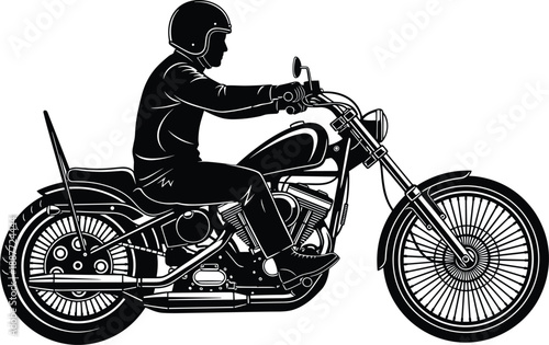 Classic motorcycle rider silhouette on custom chopper bike, detailed black and white vector illustration for transport and retro design projects