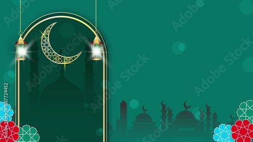4K abstract background animation with Eid Mubarak Islamic design, hanging Ramadan candle lanterns, and luxurious golden striped mosque domes. Eid Mubarak Islamic design concept with Ramadan.