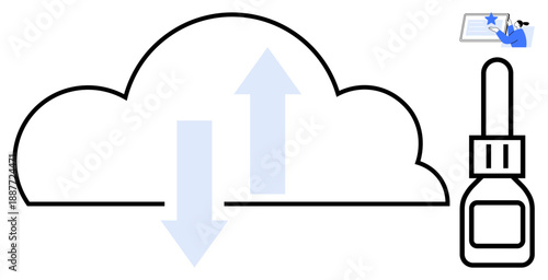 Technology tools, cloud storage, data transfer, healthcare, scientific research, innovation. Cloud with data arrows, dropper bottle in minimal design. Cloud storage and technology tools concept