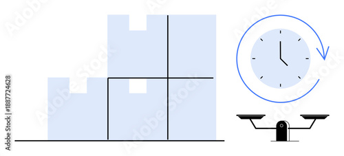 Logistics, supply chain, delivery process, efficiency, inventory management, time tracking. Stacked boxes, clock showing time balance scale. Logistics and inventory management illustrated