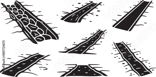 Illustration of various damaged road surfaces and textures depicted