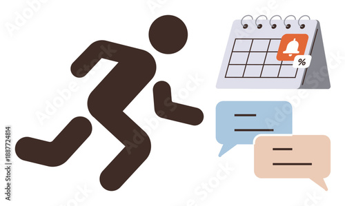 Time management, scheduling, reminders, teamwork, productivity, deadlines. Silhouette of a running person with a calendar and speech bubbles. Time management and scheduling concept