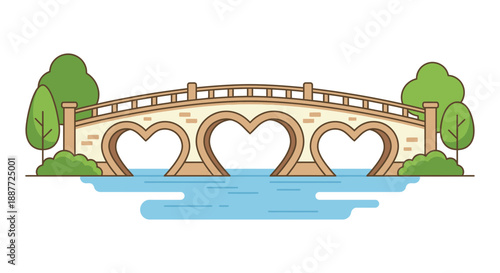 Romantic heart shaped bridge over serene river with lush greenery
