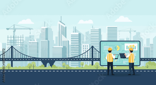 Engineers Discussing Project on Digital Screen.