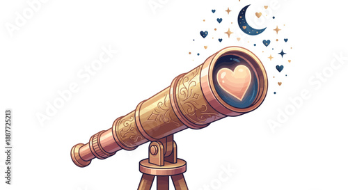 Vintage telescope with heart shaped view on celestial magic