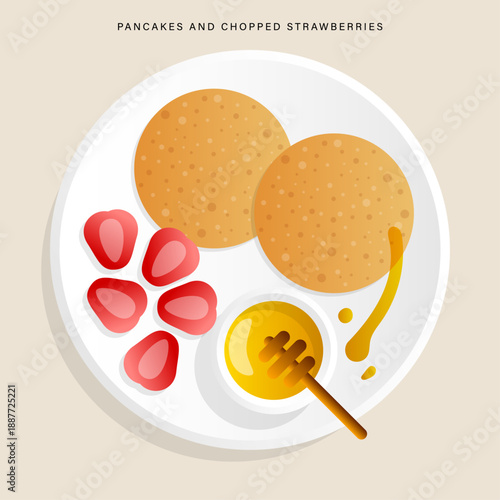 Pancakes with fresh strawberries and honey bowl.