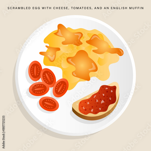 Scrambled eggs with cheese, cherry tomatoes, and English muffin with jam.
