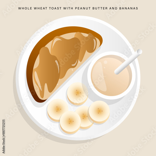 Whole wheat toast with peanut butter, banana slices, and a light drink.