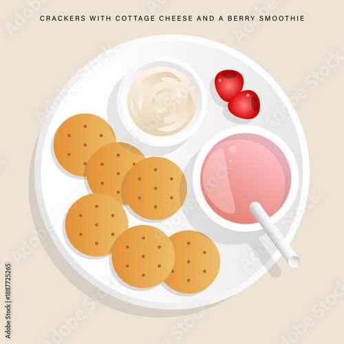 Crackers with cottage cheese and berry smoothie.