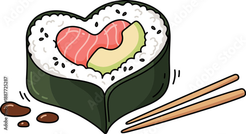 Delicious heart shaped sushi roll with chopsticks