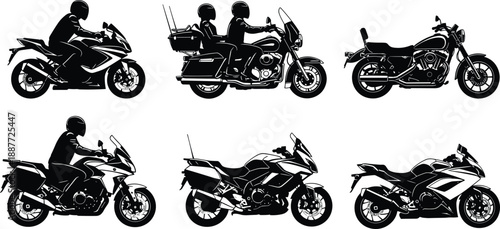 Collection of motorcycle silhouettes with riders in various bike styles, black and white vector illustration for transport and sport design