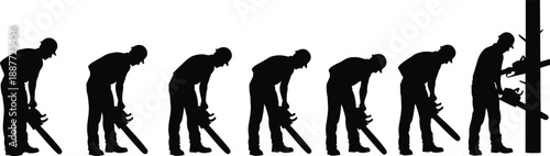 Lumberjack cutting tree silhouettes, chainsaw worker action sequence, forestry and logging concept, black vector illustration, isolated on white background