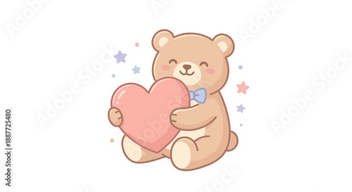 Cute cartoon teddy bear holding pink heart with stars