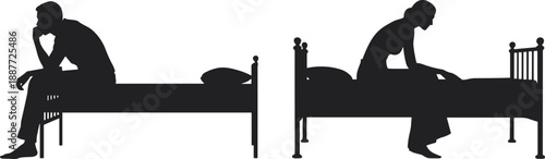 Depressed man and woman silhouettes, sitting on separate beds, relationship problem concept, emotional distance, loneliness, mental health, isolated vector illustration