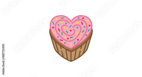 Delicious heart shaped cupcake with pink frosting and colorful sprinkles
