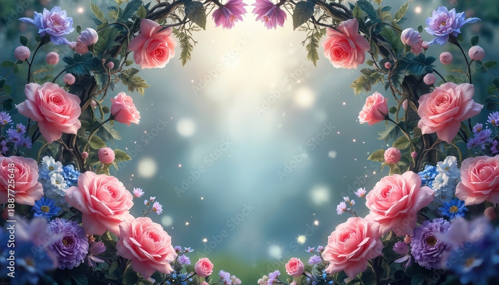 Fototapeta premium Symmetrical blooming pink roses, purple flowers frame bright magical misty background with bokeh lights. Green leaves, vines create enchanting symmetrical garden archway. Floral design evokes wonder,