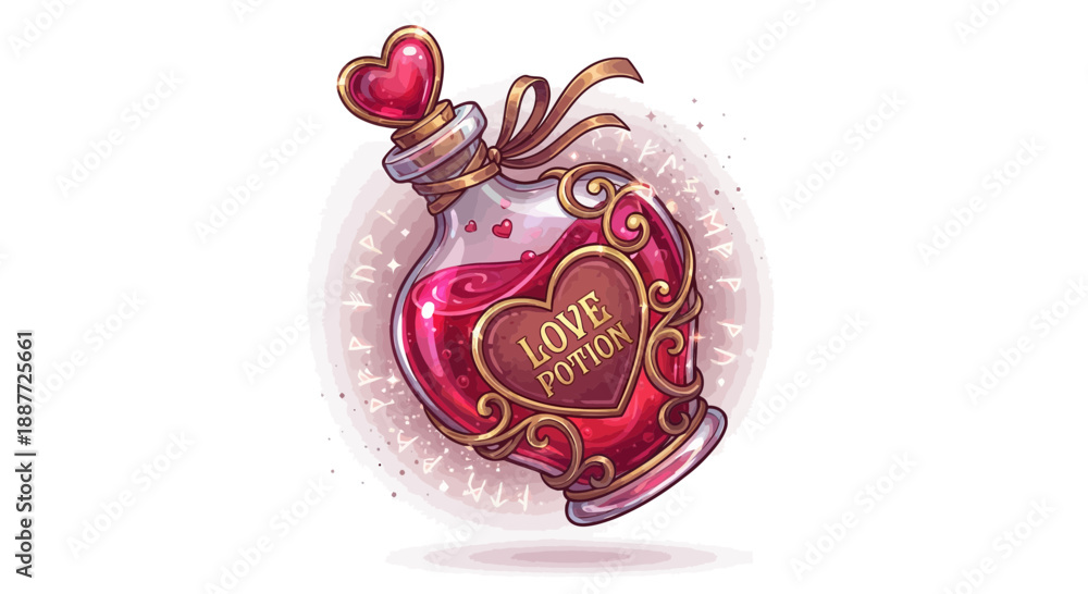 Fototapeta premium Magical love potion in ornate glass bottle with heart shaped stopper