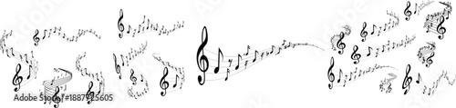 Black musical notes and staffs on white background