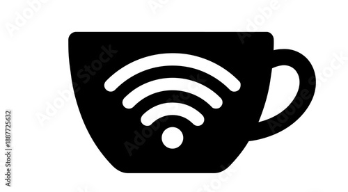 Coffee Cup with Wi-Fi Symbol Black Silhouette Icon. Internet Cafe or Free Wi-Fi Hotspot Concept Illustration