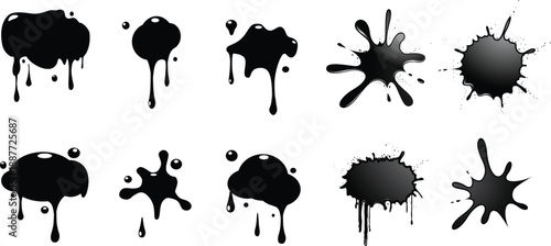 Black ink splatters and drips on white background