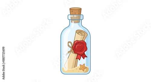 Vintage message in a bottle with heart sealed letter and starfish