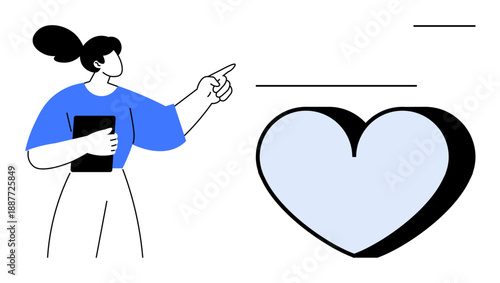 Healthcare, compassion, relationships, wellness, communication, technology. Woman holding a tablet and pointing beside a blue heart shape. Healthcare and compassion