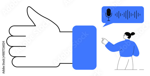 Voice recognition, user interaction, communication apps, speech approval, social media, and digital consent. Thumb up symbol and person interacting with voice interface. Voice recognition and user