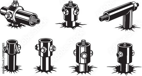 Set of various fire hydrant illustrations in black and white