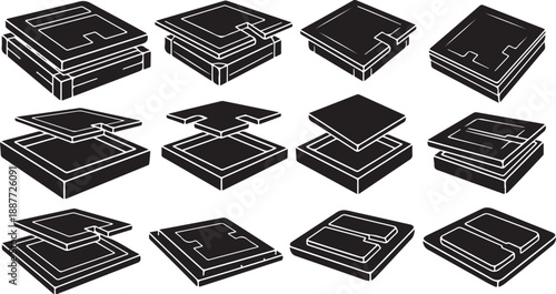 Black and white puzzle pieces in various configurations displayed