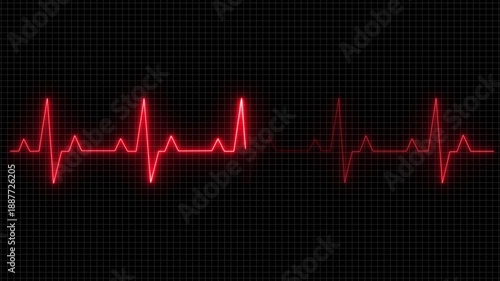 Realistic Heartbeat Line Wave Signal Animation, Modern glowing neon heartbeat and pulse rate animation with EKG line monitor signal on a black background.