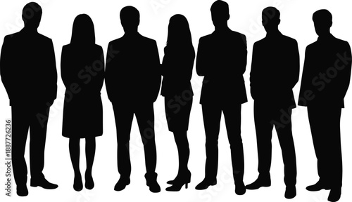 Silhouettes of seven business professionals standing side by side, representing workplace diversity, corporate unity, and team identity in modern design themes.