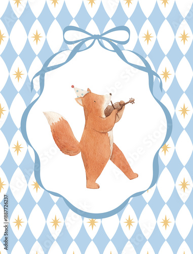 Baby circus nursery poster with watercolor donkey and goose on harlequin diamond background. Whimsical hand painted illustration in vintage circus style for kids room decor, nursery wall art, baby