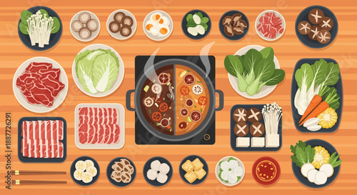 A vibrant overhead view of a traditional hot pot meal with a variety of fresh ingredients including meats, vegetables, and mushrooms arranged on a wooden table.