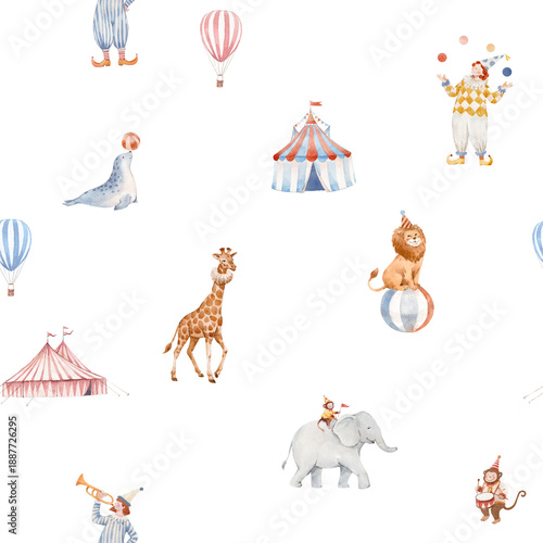 Seamless baby circus watercolor pattern with cute animals and performers. Vintage carnival background with elephant, giraffe, clowns, circus tent. Perfect for nursery decor, wrapping paper, fabric