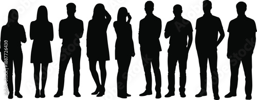Silhouettes of ten diverse individuals standing side by side, showcasing varied postures and attire for group dynamics, anonymity, and social design themes.