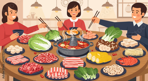 Three people sharing a delicious hot pot meal with an abundance of fresh meat, vegetables, and other ingredients on a round table.