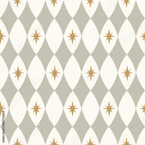 Seamless harlequin cute diamond pattern in vintage circus style with playful geometric shapes and star elements. Retro background inspired by carnival and party themes, perfect for baby nursery decor