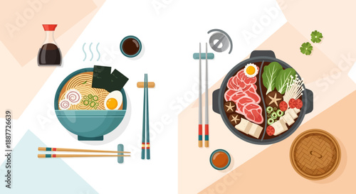 A detailed illustration of Japanese ramen noodles and a hot pot with various ingredients.