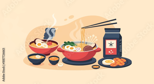 A vibrant illustration showcasing a delicious spread of traditional Japanese cuisine, featuring steaming bowls of ramen, fried dishes, and condiments.