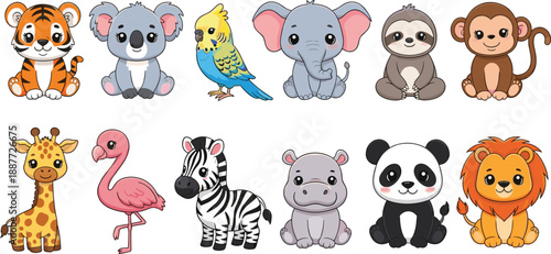 Cute cartoon animal characters set featuring jungle and zoo animals, kawaii baby style illustration collection for kids design, education, nursery decor and children branding