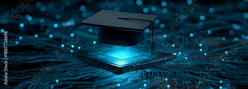 Digital Education Concept with Graduation Cap on Glowing CPU, Artificial Intelligence Learning, Smart Education Technology, E Learning Innovation,Future of Education and High Tech Knowledge Background