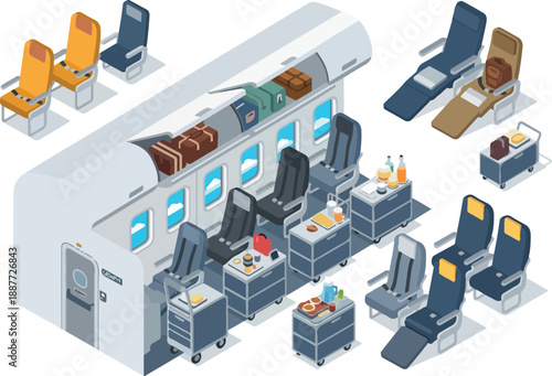 Isometric Airplane Interior Illustration with Seats and Luggage